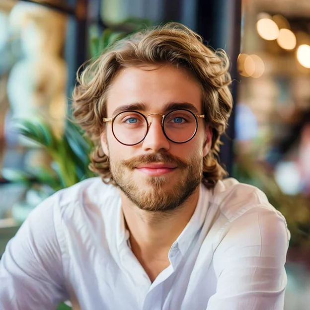 Homme barbu avec des lunettes rondes et des yeux bleus souriant à Loire Authion et à Mazé-Millon près d'Angers dans le Maine-et-Loire 49