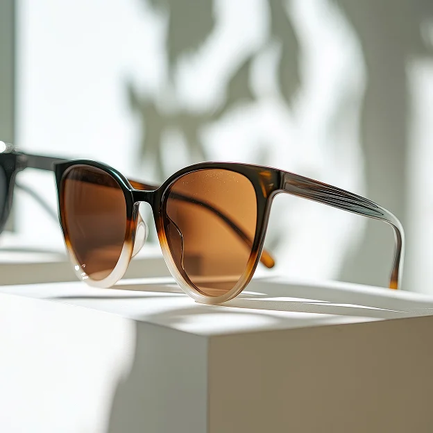 Lunettes de soleil œil-de-chat marron dégradé avec verres orange sur une surface blanche à Loire Authion et à Mazé-Millon près d'Angers dans le Maine-et-Loire 49