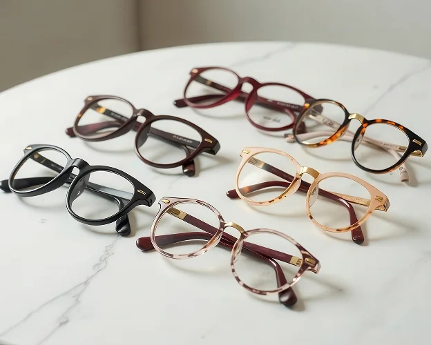 Sept paires de lunettes de vue de styles et couleurs variés sur une table à Loire-Authion et à Mazé-Millon près d'Angers dans le Maine-et-Loire 49