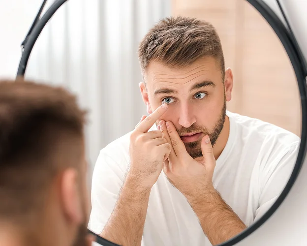 Homme barbu insérant des lentilles de contact devant un miroir à Loire-Authion et à Mazé-Millon près d'Angers dans le Maine-et-Loire 49